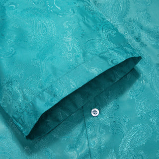 Teal Green Paisley Silk Short Sleeve Shirt