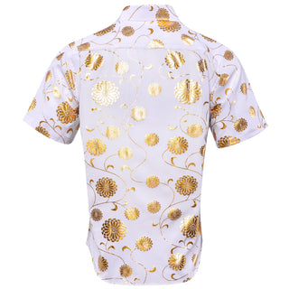 White Golden Floral Silk Short Sleeve Shirt