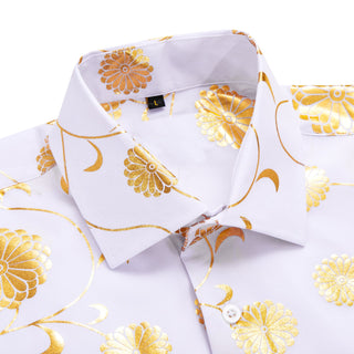 White Golden Floral Silk Short Sleeve Shirt