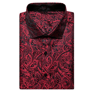 Classic Black Red Paisley Silk Short Sleeve Shirt