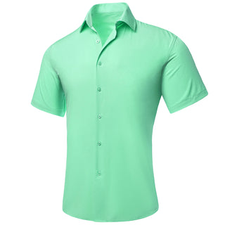 Summer Light Green Solid Silk Short Sleeve Shirt