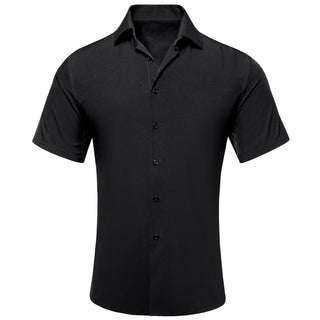 Black Solid Silk Short Sleeve Shirt