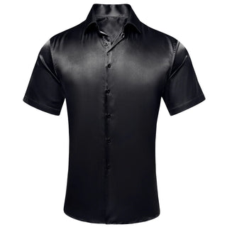Black Solid Satin Silk Short Sleeve Shirt