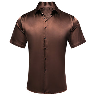 Solid Brown Satin Silk Short Sleeve Shirt