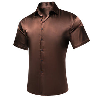 Solid Brown Satin Silk Short Sleeve Shirt