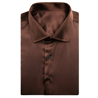 Solid Brown Satin Silk Short Sleeve Shirt