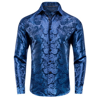 Navy Blue Paisley Silk Long Sleeve Shirt