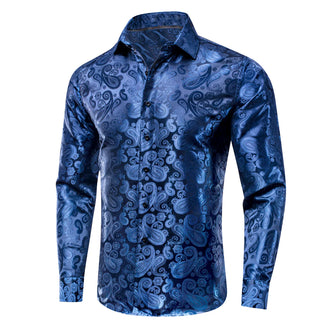 Navy Blue Paisley Silk Long Sleeve Shirt