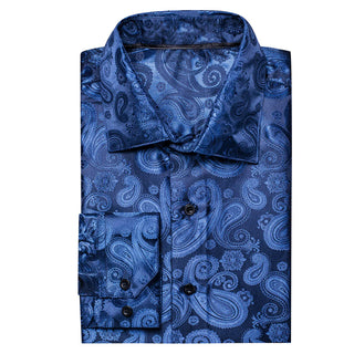 Navy Blue Paisley Silk Long Sleeve Shirt