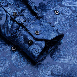 Navy Blue Paisley Silk Long Sleeve Shirt