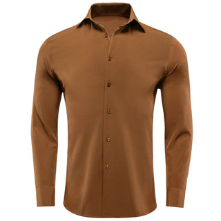 Solid Brown Stretch Silk Long Sleeve Shirt