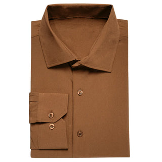 Solid Brown Stretch Silk Long Sleeve Shirt