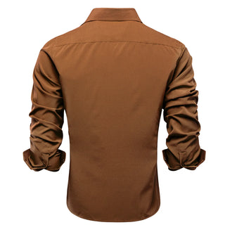 Solid Brown Stretch Silk Long Sleeve Shirt