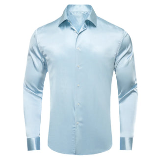 Sky Blue Satin Silk Long Sleeve Shirt