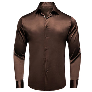 Solid Brown Satin Silk Long Sleeve Shirt