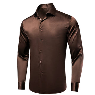 Solid Brown Satin Silk Long Sleeve Shirt