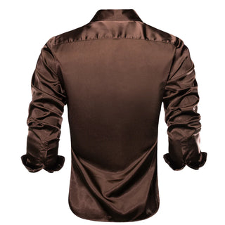 Solid Brown Satin Silk Long Sleeve Shirt