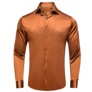 Solid Burnt Orange Brown Satin Silk Long Sleeve Shirt