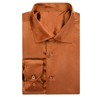 Solid Burnt Orange Brown Satin Silk Long Sleeve Shirt