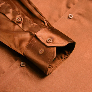 Solid Burnt Orange Brown Satin Silk Long Sleeve Shirt