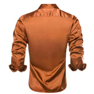 Solid Burnt Orange Brown Satin Silk Long Sleeve Shirt
