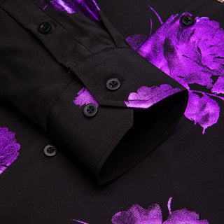 Black Purple Floral Silk Long Sleeve Shirt