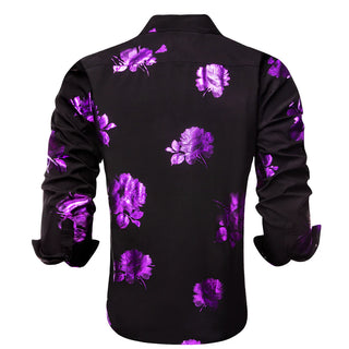 Black Purple Floral Silk Long Sleeve Shirt