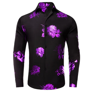 Black Purple Floral Silk Long Sleeve Shirt