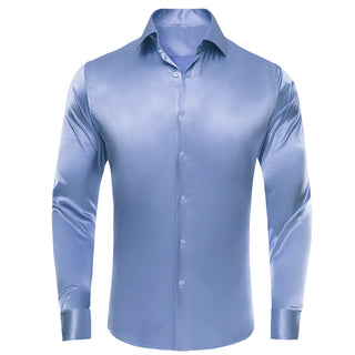 Solid Blue Satin Silk Long Sleeve Shirt