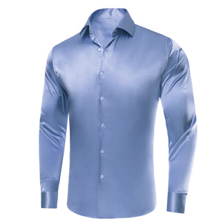 Solid Blue Satin Silk Long Sleeve Shirt