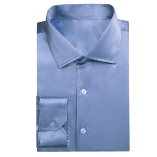 Solid Blue Satin Silk Long Sleeve Shirt