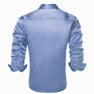 Solid Blue Satin Silk Long Sleeve Shirt