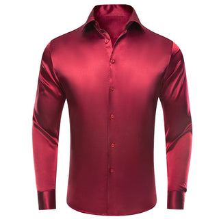 Burgundy Solid Red Satin Silk Long Sleeve Shirt