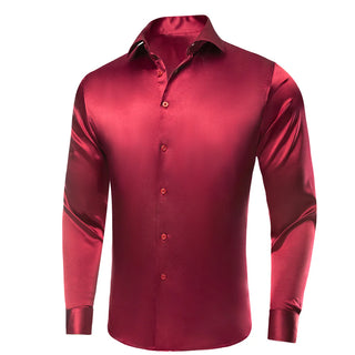 Burgundy Solid Red Satin Silk Long Sleeve Shirt