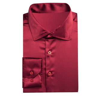 Burgundy Solid Red Satin Silk Long Sleeve Shirt