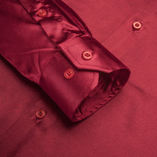 Burgundy Solid Red Satin Silk Long Sleeve Shirt