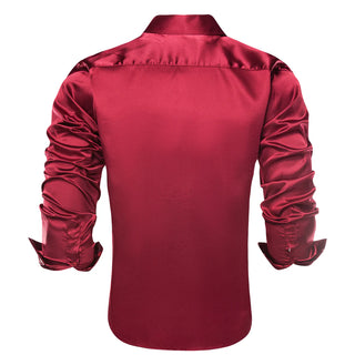 Burgundy Solid Red Satin Silk Long Sleeve Shirt