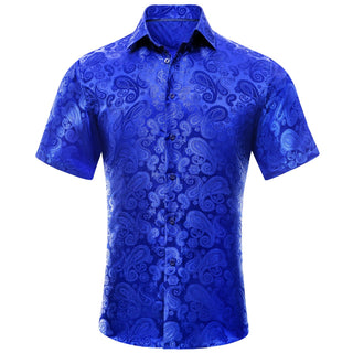 Solid Blue Paisley Silk Short Sleeve Shirt