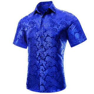 Solid Blue Paisley Silk Short Sleeve Shirt