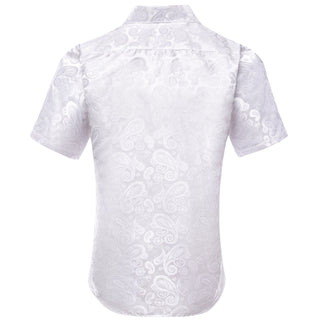 Solid White Paisley Silk Short Sleeve Shirt