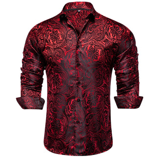 New Red Floral Silk Long Sleeve Shirt