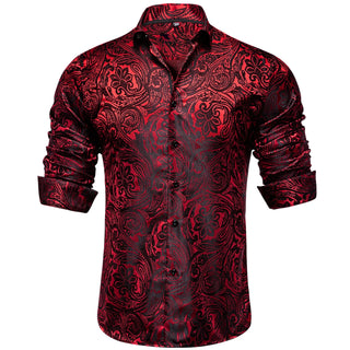 New Red Floral Silk Long Sleeve Shirt