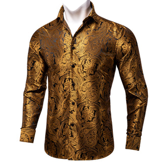 New Golden Floral Silk Long Sleeve Shirt
