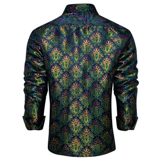 New Blue Green Floral Silk Long Sleeve Shirt