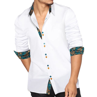 New White Green Button Long Sleeve Shirt