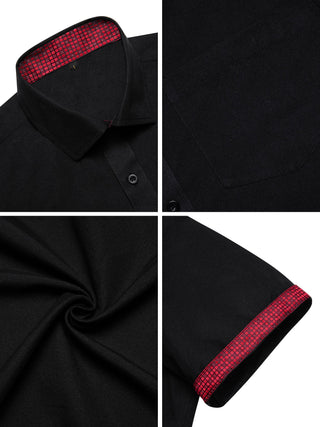 Splicing Black Red Plaid Silk Short Sleeve Shirt