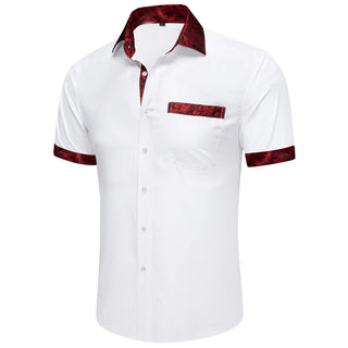 Splicing Style White Red Paisley Silk Short Sleeve Shirt