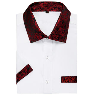 Splicing Style White Red Paisley Silk Short Sleeve Shirt