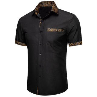 Splicing Style Black Brown Paisley Silk Short Sleeve Shirt