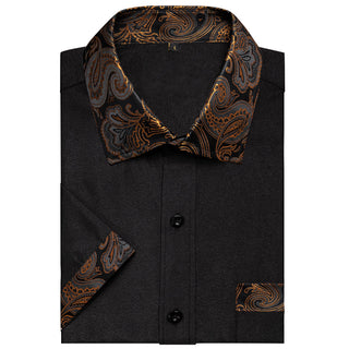 Splicing Style Black Brown Paisley Silk Short Sleeve Shirt